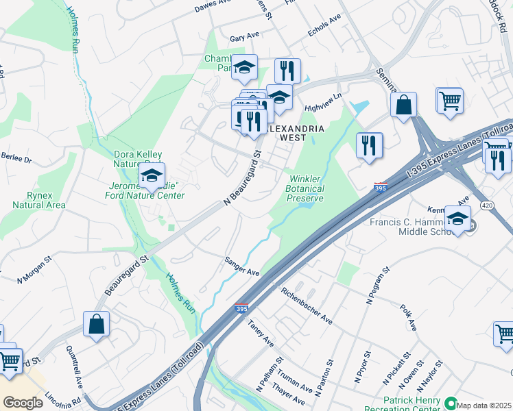 map of restaurants, bars, coffee shops, grocery stores, and more near 1467 South Highview Lane in Alexandria