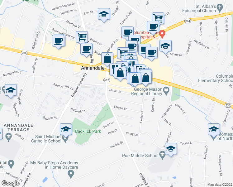 map of restaurants, bars, coffee shops, grocery stores, and more near 7127 Lanier Street in Annandale