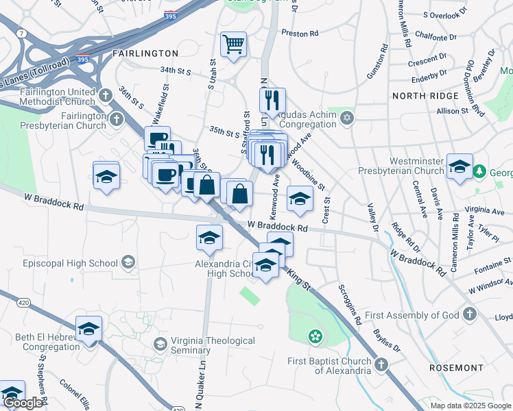 map of restaurants, bars, coffee shops, grocery stores, and more near 1733 Kingsgate Court in Alexandria