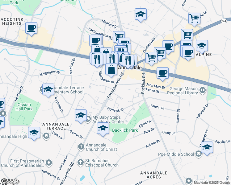 map of restaurants, bars, coffee shops, grocery stores, and more near 7496 Covent Wood Court in Annandale