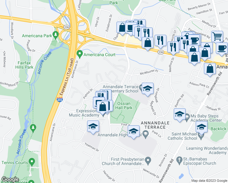 map of restaurants, bars, coffee shops, grocery stores, and more near 7753 Patriot Drive in Annandale