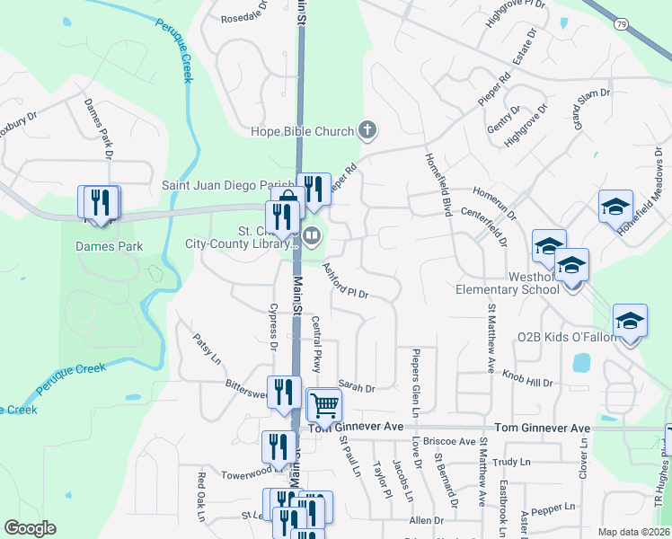 map of restaurants, bars, coffee shops, grocery stores, and more near 1272 Ashford Place Drive in O'Fallon