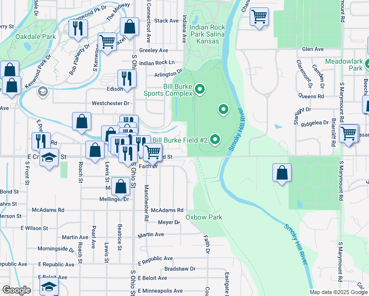 map of restaurants, bars, coffee shops, grocery stores, and more near 675 Jaran Street in Salina