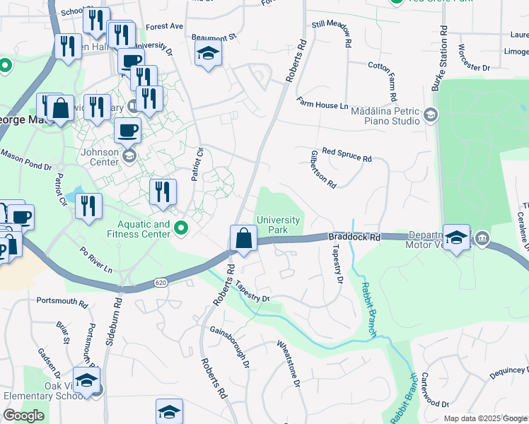 map of restaurants, bars, coffee shops, grocery stores, and more near 4617 Wood Glen Road in Fairfax