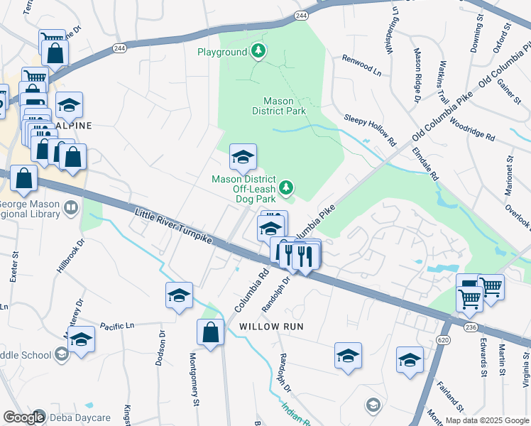 map of restaurants, bars, coffee shops, grocery stores, and more near 4431 Airlie Way in Annandale