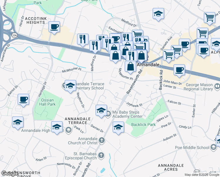 map of restaurants, bars, coffee shops, grocery stores, and more near 7434 Fountain Head Drive in Annandale