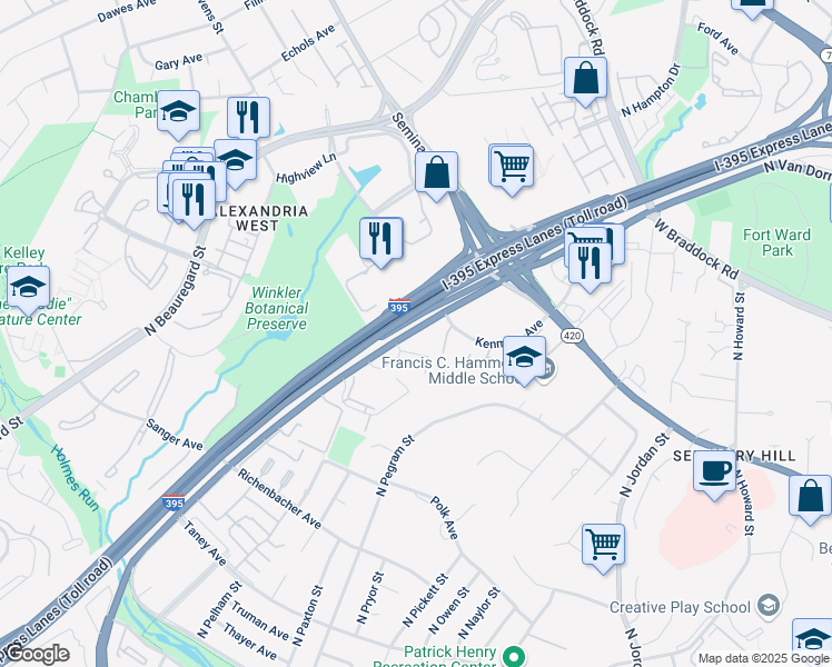 map of restaurants, bars, coffee shops, grocery stores, and more near 1541A North Van Dorn Street in Alexandria