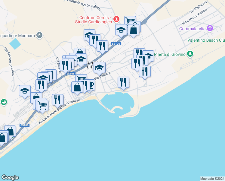 map of restaurants, bars, coffee shops, grocery stores, and more near 56 Via Lungomare Stefano Pugliese in Catanzaro