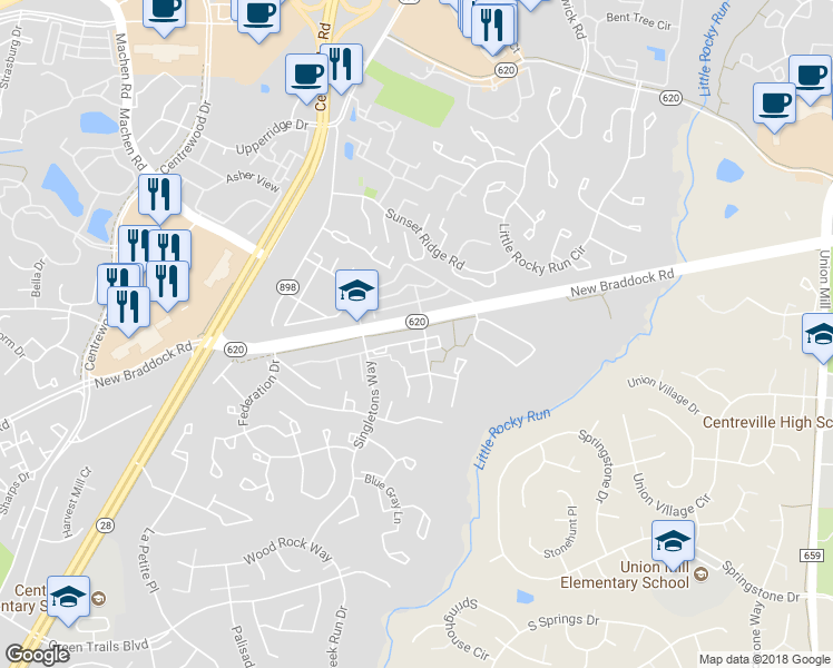 map of restaurants, bars, coffee shops, grocery stores, and more near 13944 Big Yankee Lane in Centreville