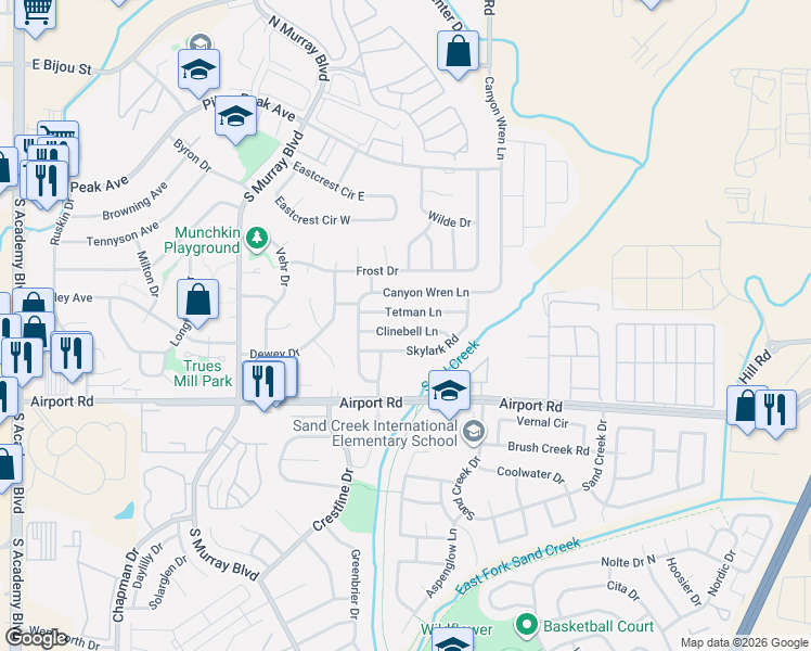 map of restaurants, bars, coffee shops, grocery stores, and more near 4608 Clinebell Lane in Colorado Springs