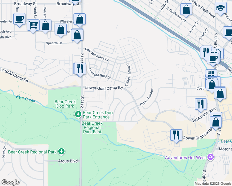map of restaurants, bars, coffee shops, grocery stores, and more near 343 Millstream Terrace in Colorado Springs