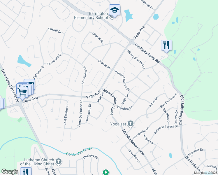 map of restaurants, bars, coffee shops, grocery stores, and more near 3636 Ange Drive in Florissant