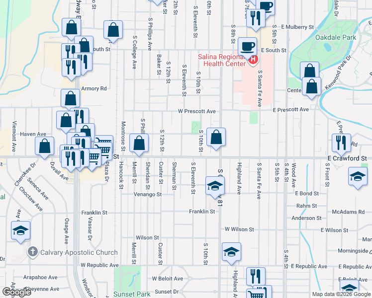 map of restaurants, bars, coffee shops, grocery stores, and more near 667 South Eleventh Street in Salina