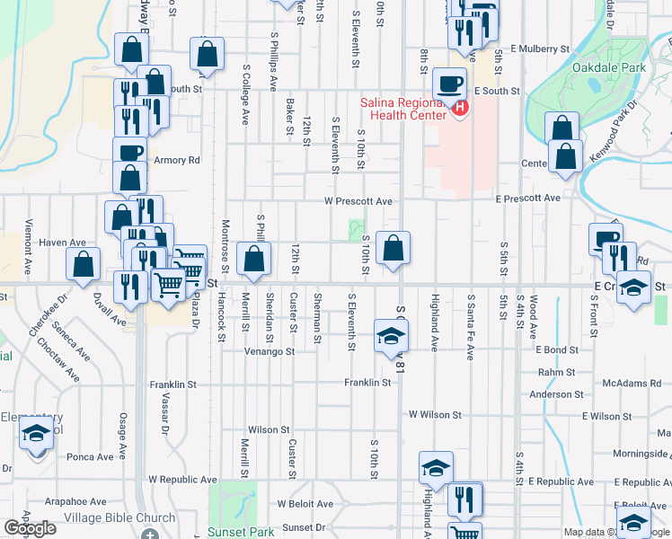 map of restaurants, bars, coffee shops, grocery stores, and more near 667 South Eleventh Street in Salina