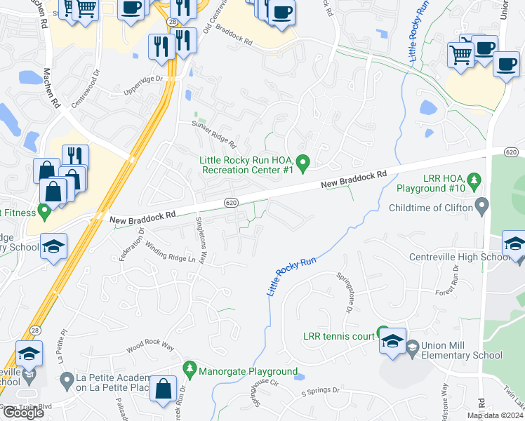 map of restaurants, bars, coffee shops, grocery stores, and more near 13893 Laura Ratcliff Court in Centreville