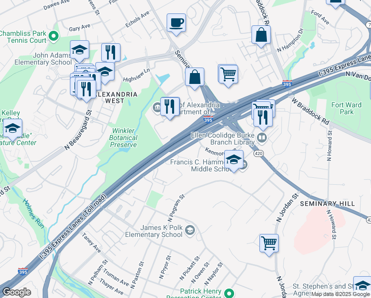 map of restaurants, bars, coffee shops, grocery stores, and more near 1651A North Van Dorn Street in Alexandria