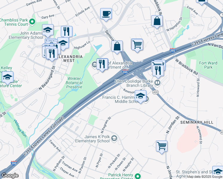 map of restaurants, bars, coffee shops, grocery stores, and more near 1481A North Van Dorn Street in Alexandria