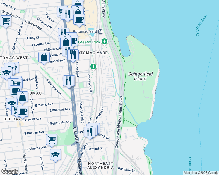 map of restaurants, bars, coffee shops, grocery stores, and more near 714 Day Lane in Alexandria