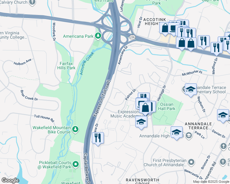map of restaurants, bars, coffee shops, grocery stores, and more near 4400 Island Place in Annandale
