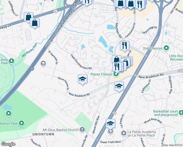 map of restaurants, bars, coffee shops, grocery stores, and more near 14354 Uniform Drive in Centreville