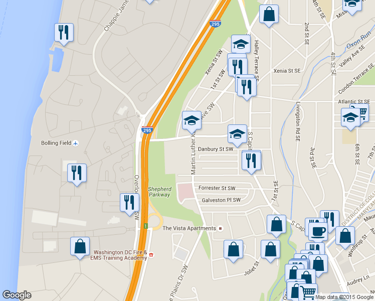 map of restaurants, bars, coffee shops, grocery stores, and more near 4221 Martin Luther King Junior Avenue Southwest in Washington