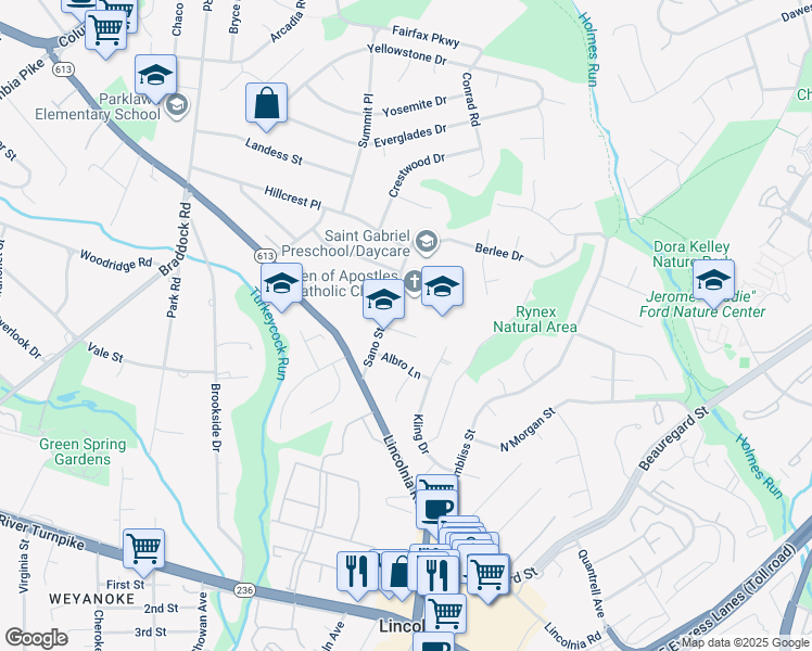map of restaurants, bars, coffee shops, grocery stores, and more near 6326 Applegarth Court in Alexandria