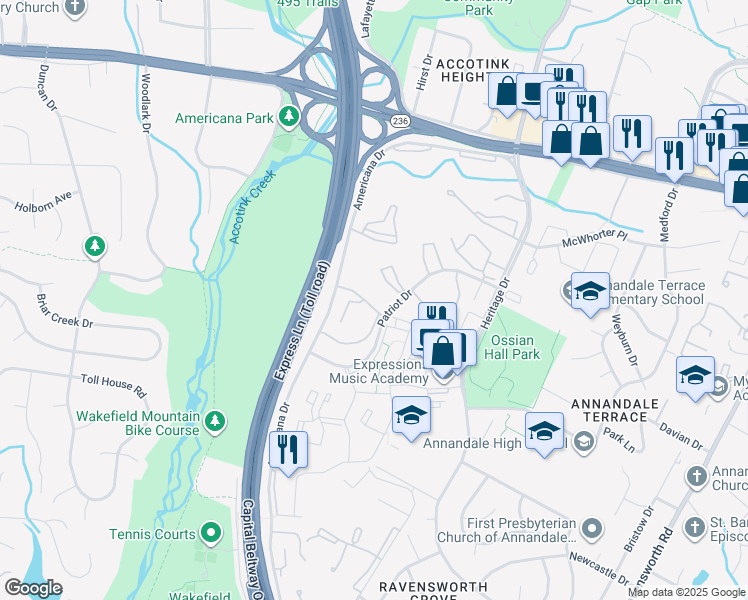 map of restaurants, bars, coffee shops, grocery stores, and more near 7804 Inverton Road in Annandale