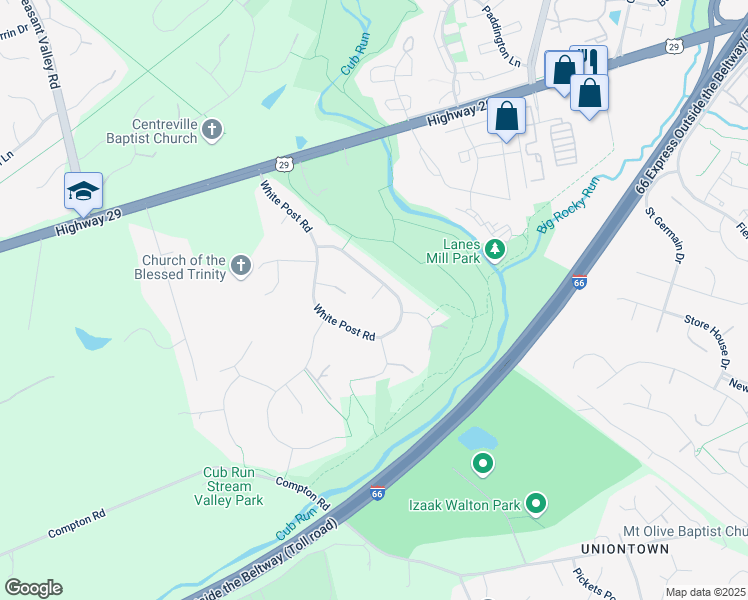 map of restaurants, bars, coffee shops, grocery stores, and more near 14953 Red Post Court in Centreville