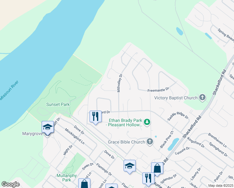 map of restaurants, bars, coffee shops, grocery stores, and more near 2409 Millvalley Drive in Florissant