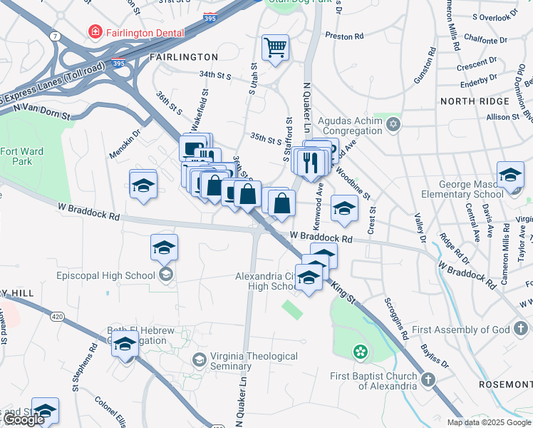 map of restaurants, bars, coffee shops, grocery stores, and more near 4100 36th Street South in Arlington