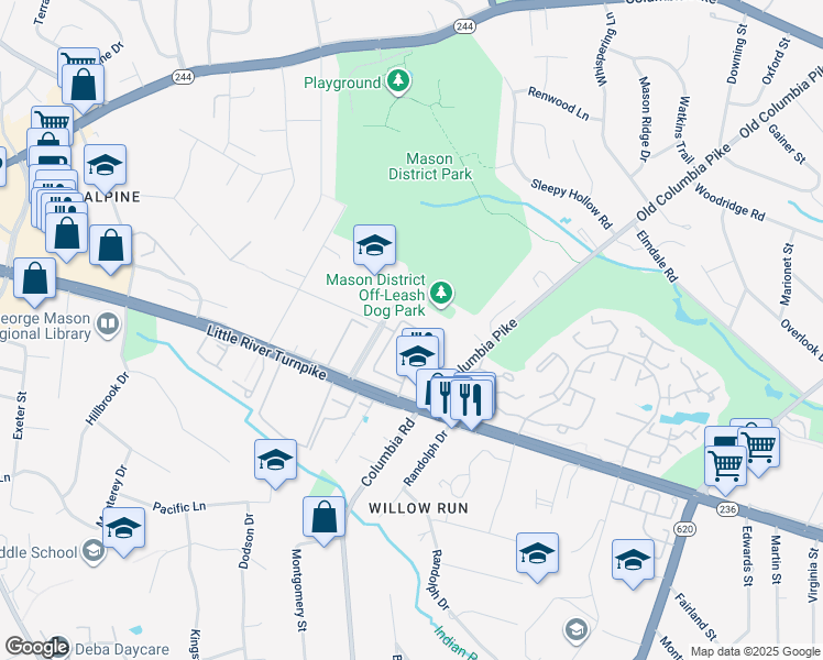 map of restaurants, bars, coffee shops, grocery stores, and more near 4431 Airlie Way in Annandale