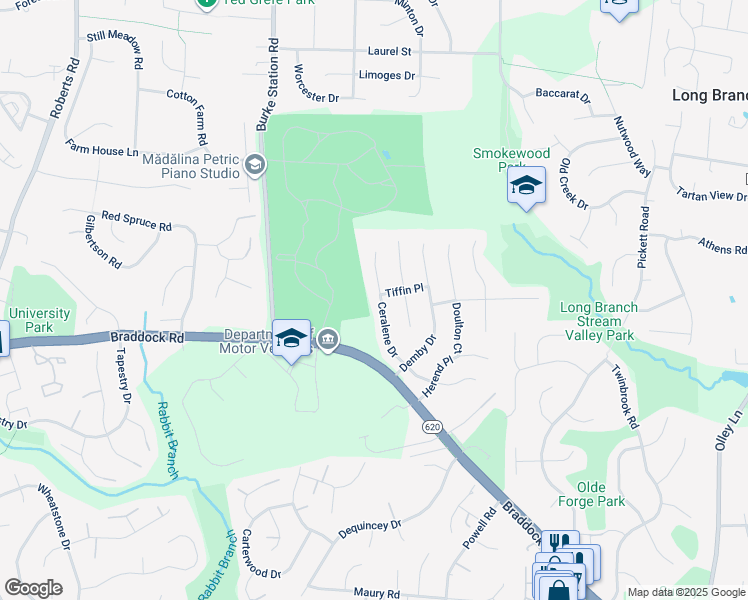 map of restaurants, bars, coffee shops, grocery stores, and more near 9721 Ceralene Drive in Fairfax