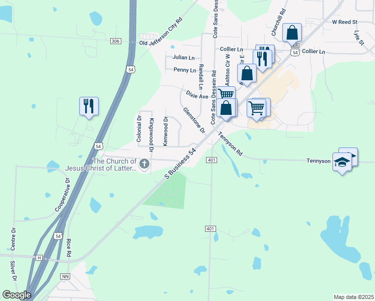 map of restaurants, bars, coffee shops, grocery stores, and more near 1501-1647 U.S. 54 Business in Fulton