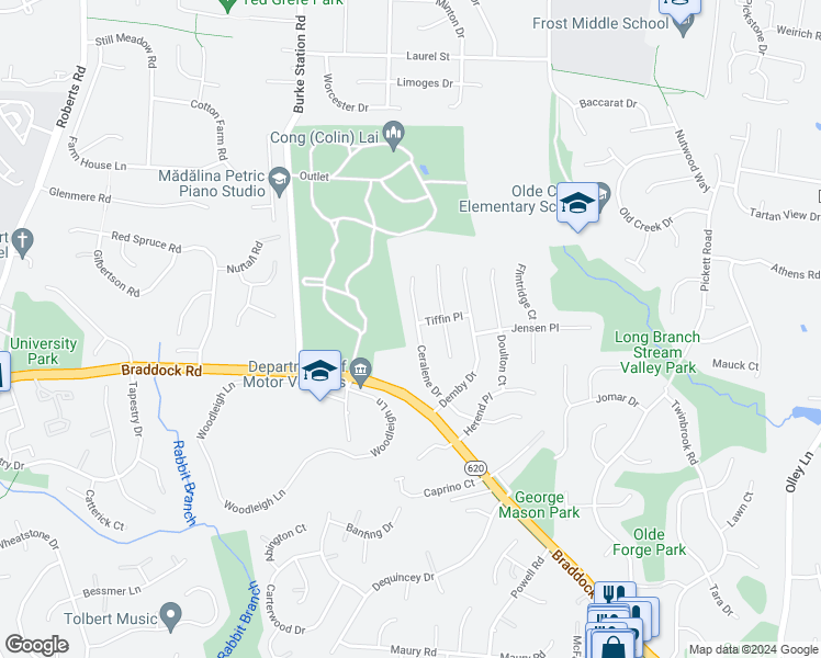 map of restaurants, bars, coffee shops, grocery stores, and more near 9721 Ceralene Drive in Fairfax