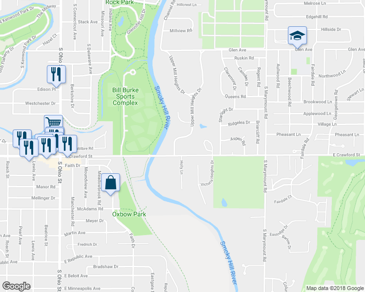 map of restaurants, bars, coffee shops, grocery stores, and more near 651 Upper Mill Heights Drive in Salina