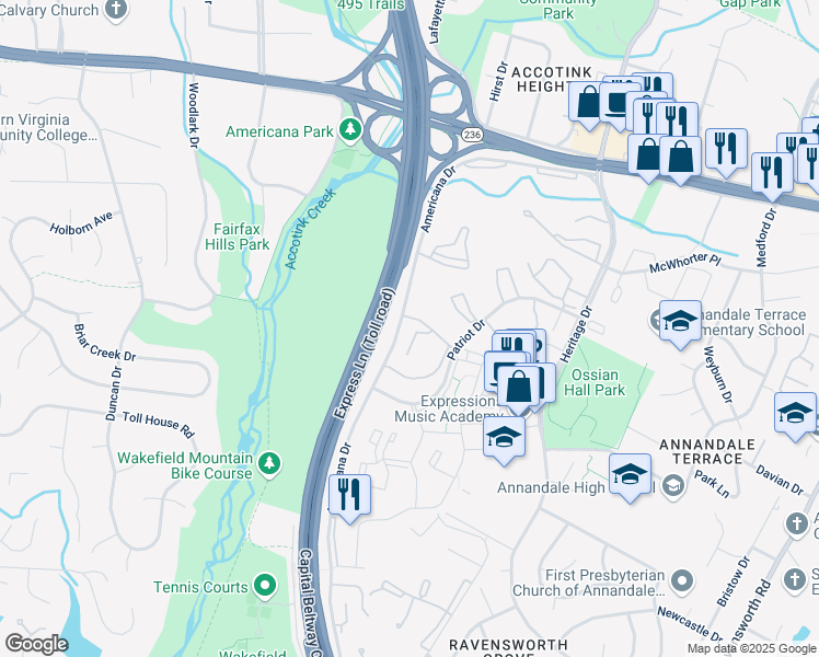 map of restaurants, bars, coffee shops, grocery stores, and more near 4400 Island Place in Annandale