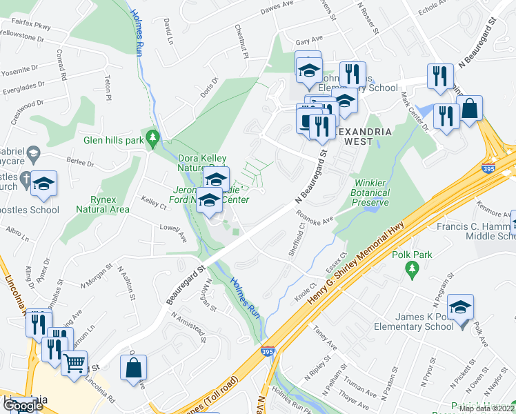 map of restaurants, bars, coffee shops, grocery stores, and more near 1250 North Beauregard Street in Alexandria