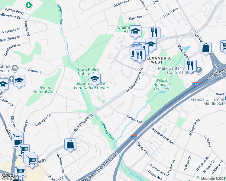 map of restaurants, bars, coffee shops, grocery stores, and more near 1250 North Beauregard Street in Alexandria