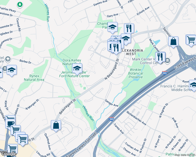 map of restaurants, bars, coffee shops, grocery stores, and more near 1400 North Beauregard Street in Alexandria