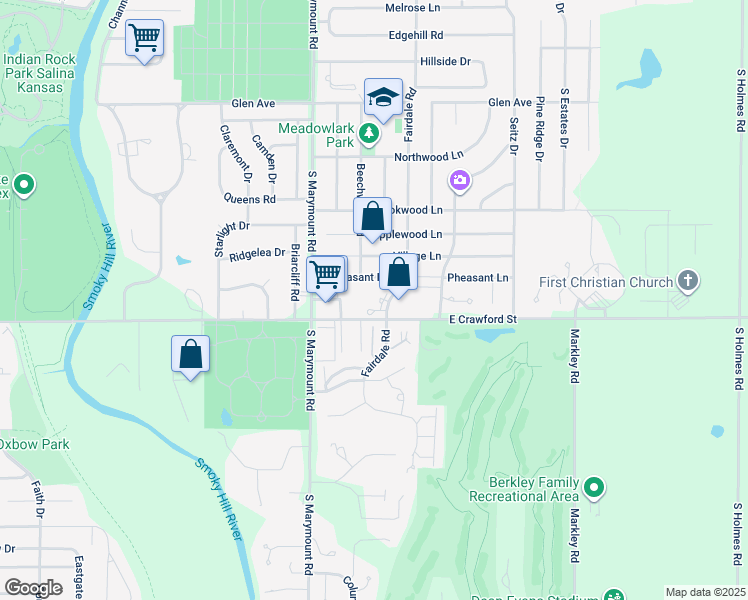 map of restaurants, bars, coffee shops, grocery stores, and more near 2251 East Crawford Street in Salina