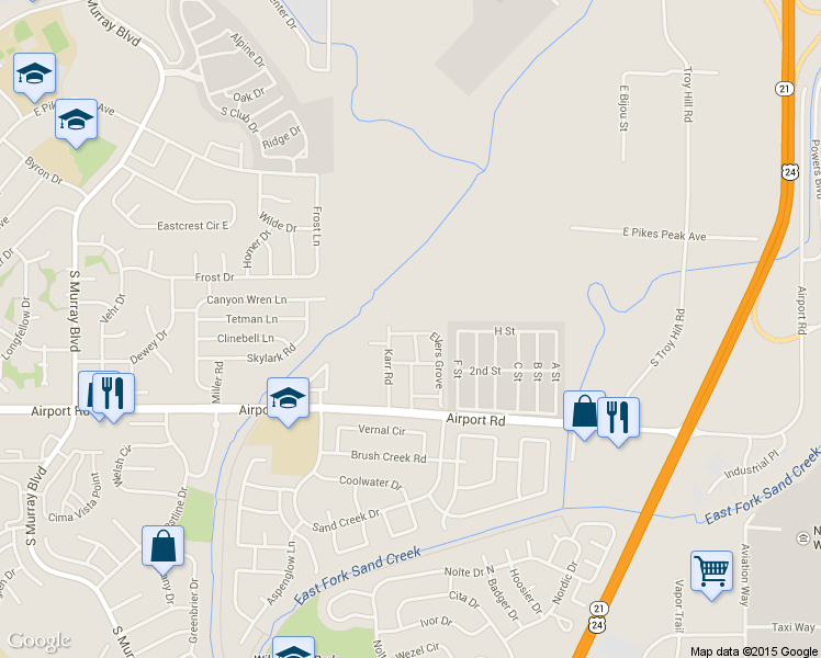 map of restaurants, bars, coffee shops, grocery stores, and more near 164 Ellers Grove in Colorado Springs