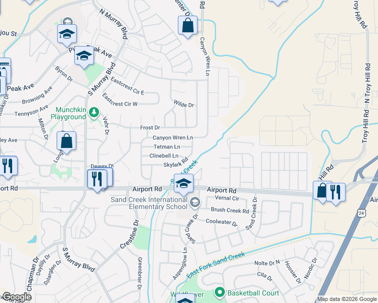 map of restaurants, bars, coffee shops, grocery stores, and more near 4704 Clinebell Lane in Colorado Springs