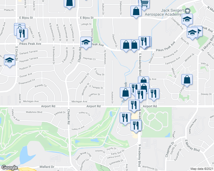 map of restaurants, bars, coffee shops, grocery stores, and more near 3669 South Temple Street in Colorado Springs