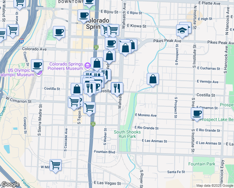 map of restaurants, bars, coffee shops, grocery stores, and more near 414 South Wahsatch Avenue in Colorado Springs