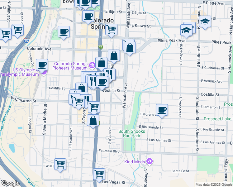 map of restaurants, bars, coffee shops, grocery stores, and more near 415 South Weber Street in Colorado Springs