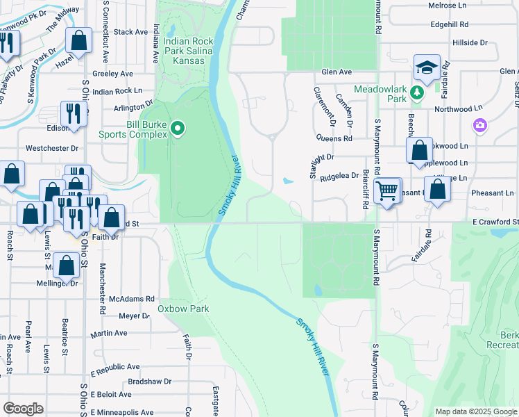 map of restaurants, bars, coffee shops, grocery stores, and more near 651 Upper Mill Heights Drive in Salina