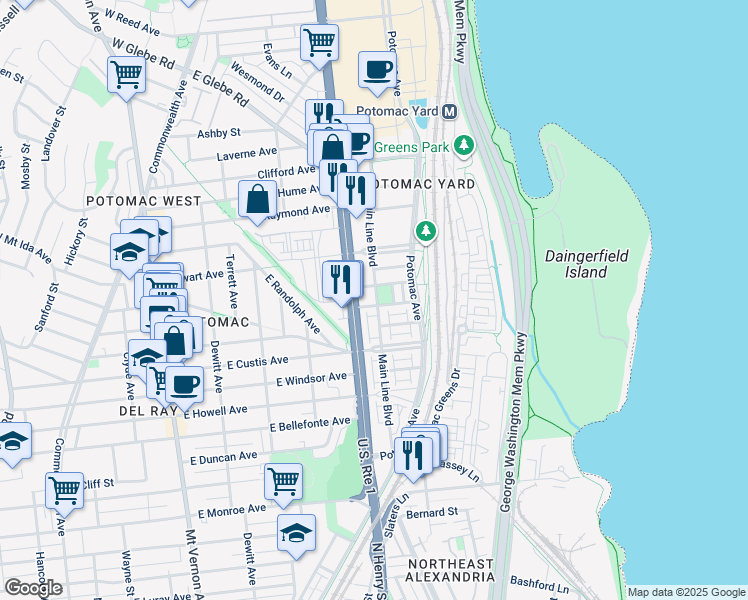 map of restaurants, bars, coffee shops, grocery stores, and more near 2402 Main Line Boulevard in Alexandria