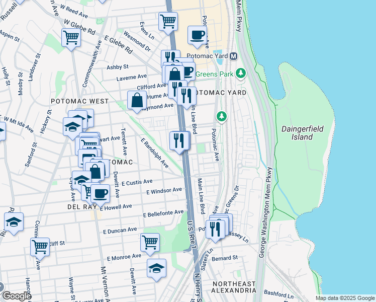 map of restaurants, bars, coffee shops, grocery stores, and more near 2405 Richmond Highway in Alexandria