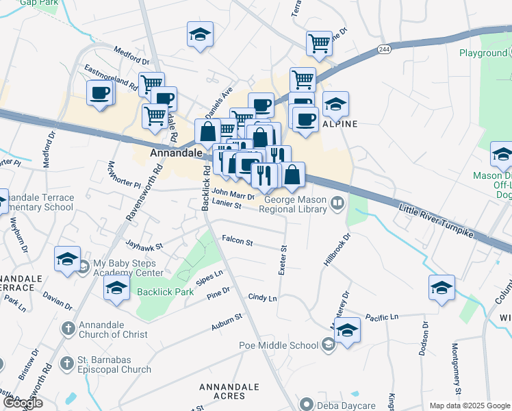map of restaurants, bars, coffee shops, grocery stores, and more near 7116 Lanier Street in Annandale