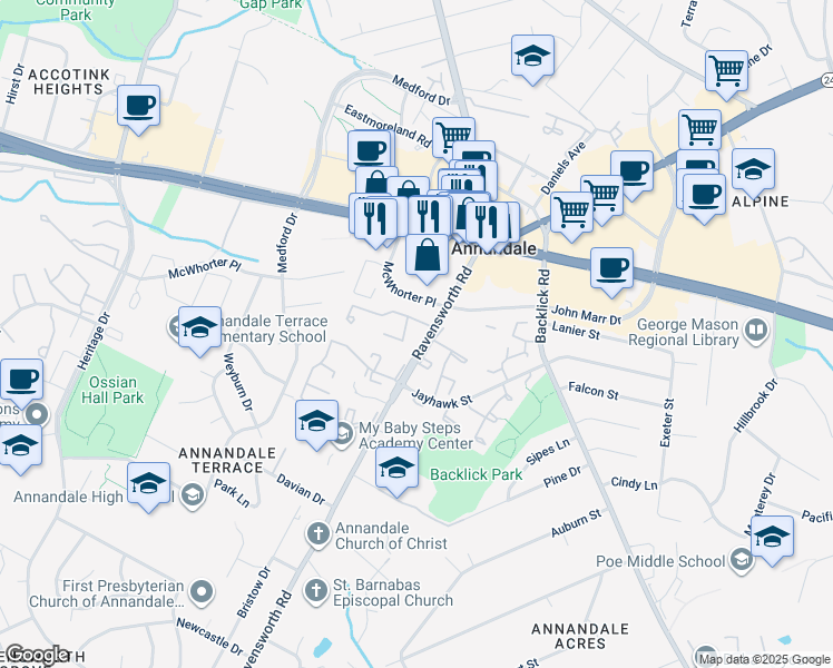map of restaurants, bars, coffee shops, grocery stores, and more near 4411 Chase Park Court in Annandale